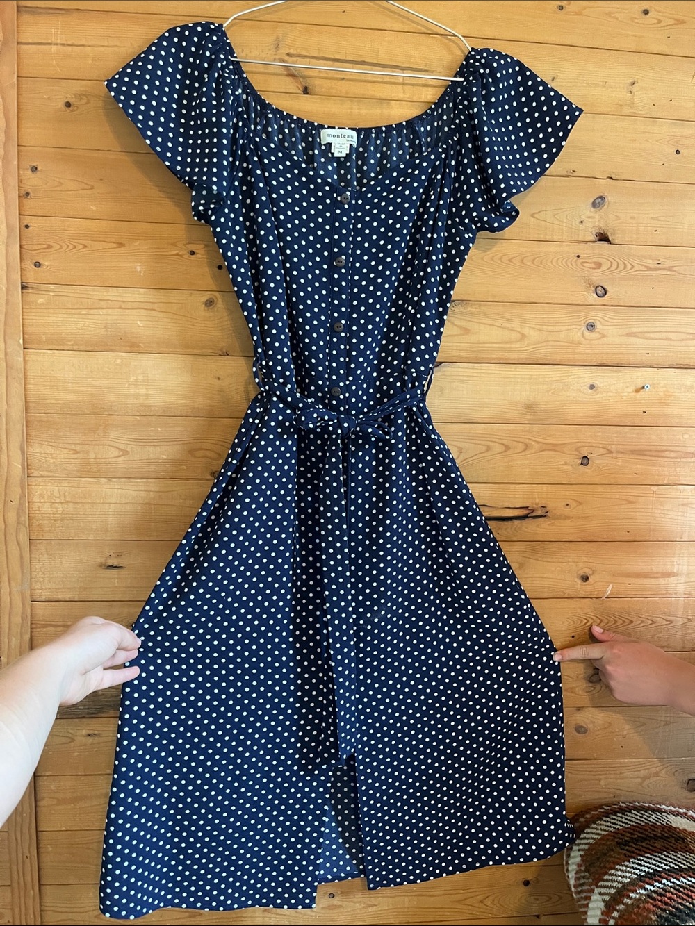 Monteau Navy and White Polka Dot Off-Shoulder Dress Top